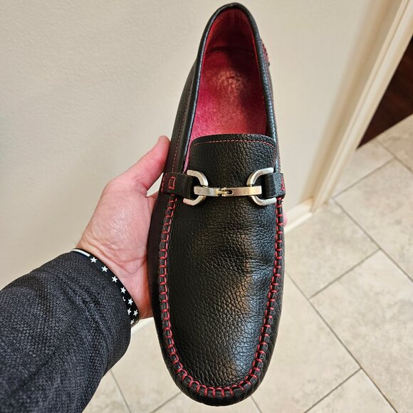 Donald Pliner Men's Soft Leather Horsebit Loafers, Black/Red, Sz 12 - Picture 14 of 16
